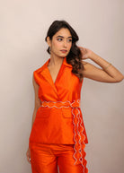 Orange Solid Relaxed Top with Waist Tie Up Belt and 2 Pockets - Kaoribyshreya