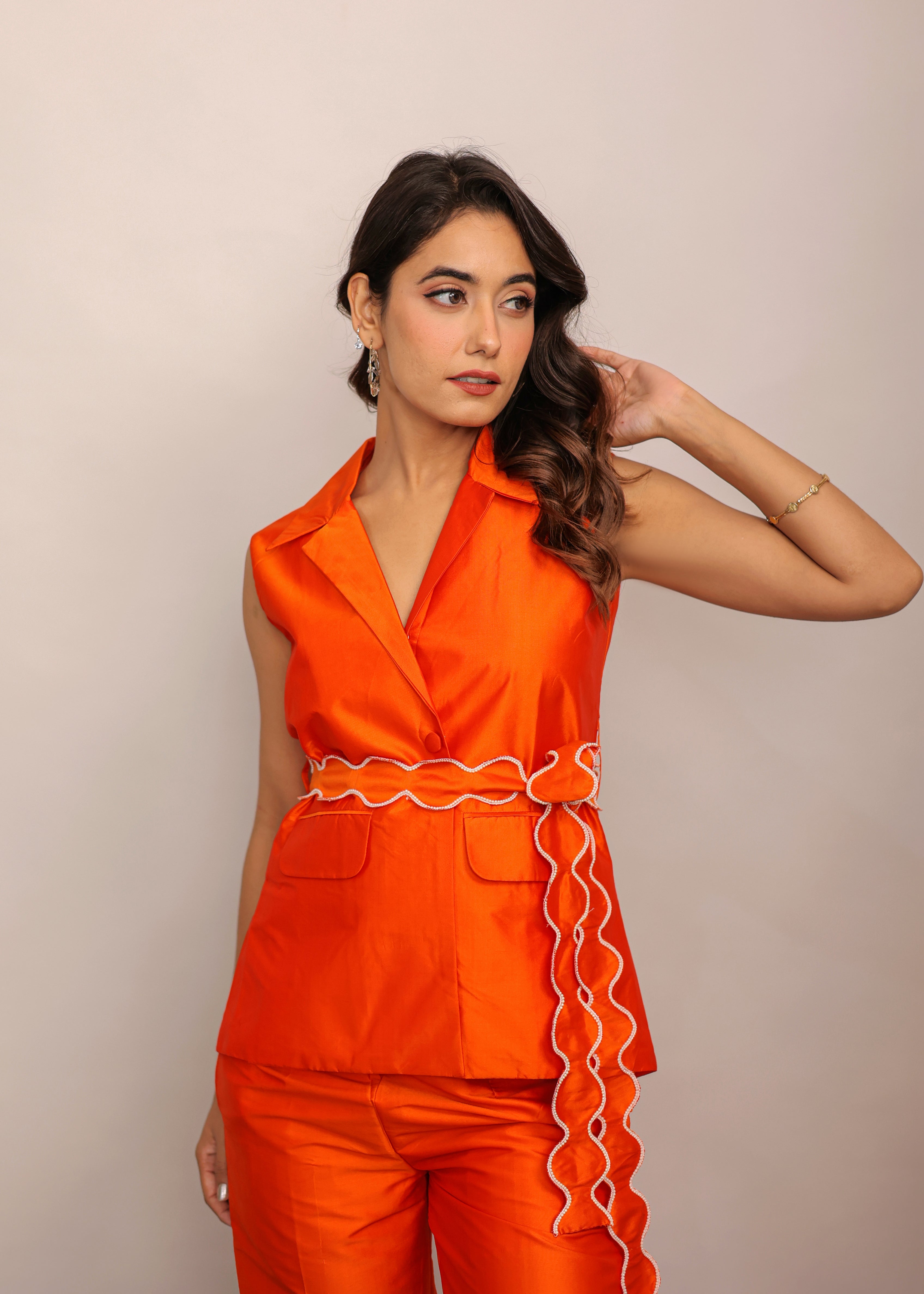 Orange Solid Relaxed Top with Waist Tie Up Belt and 2 Pockets - Kaoribyshreya