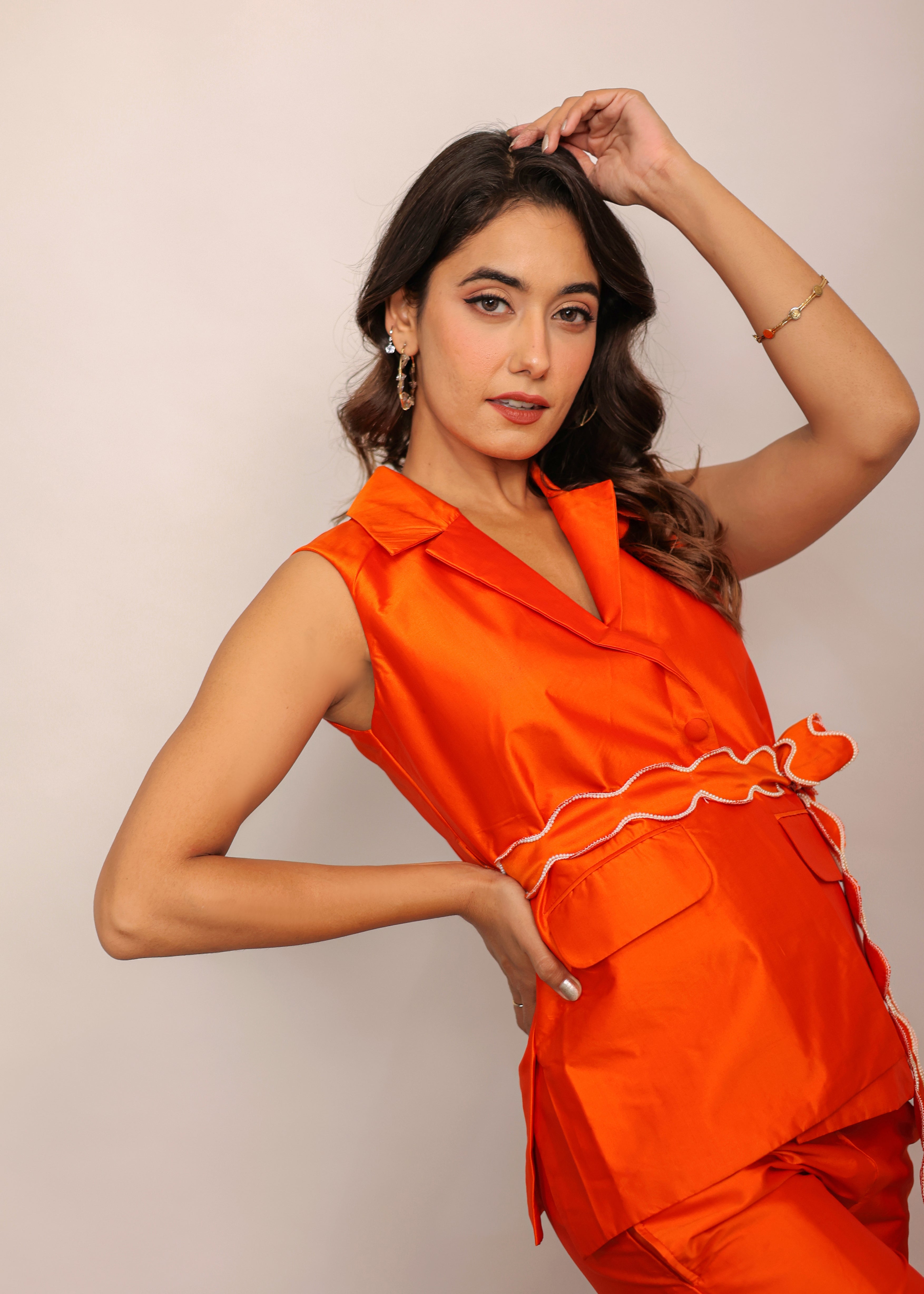 Orange Solid Relaxed Top with Waist Tie Up Belt and 2 Pockets - Kaoribyshreya