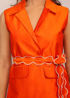Orange Solid Relaxed Top with Waist Tie Up Belt and 2 Pockets - Kaoribyshreya