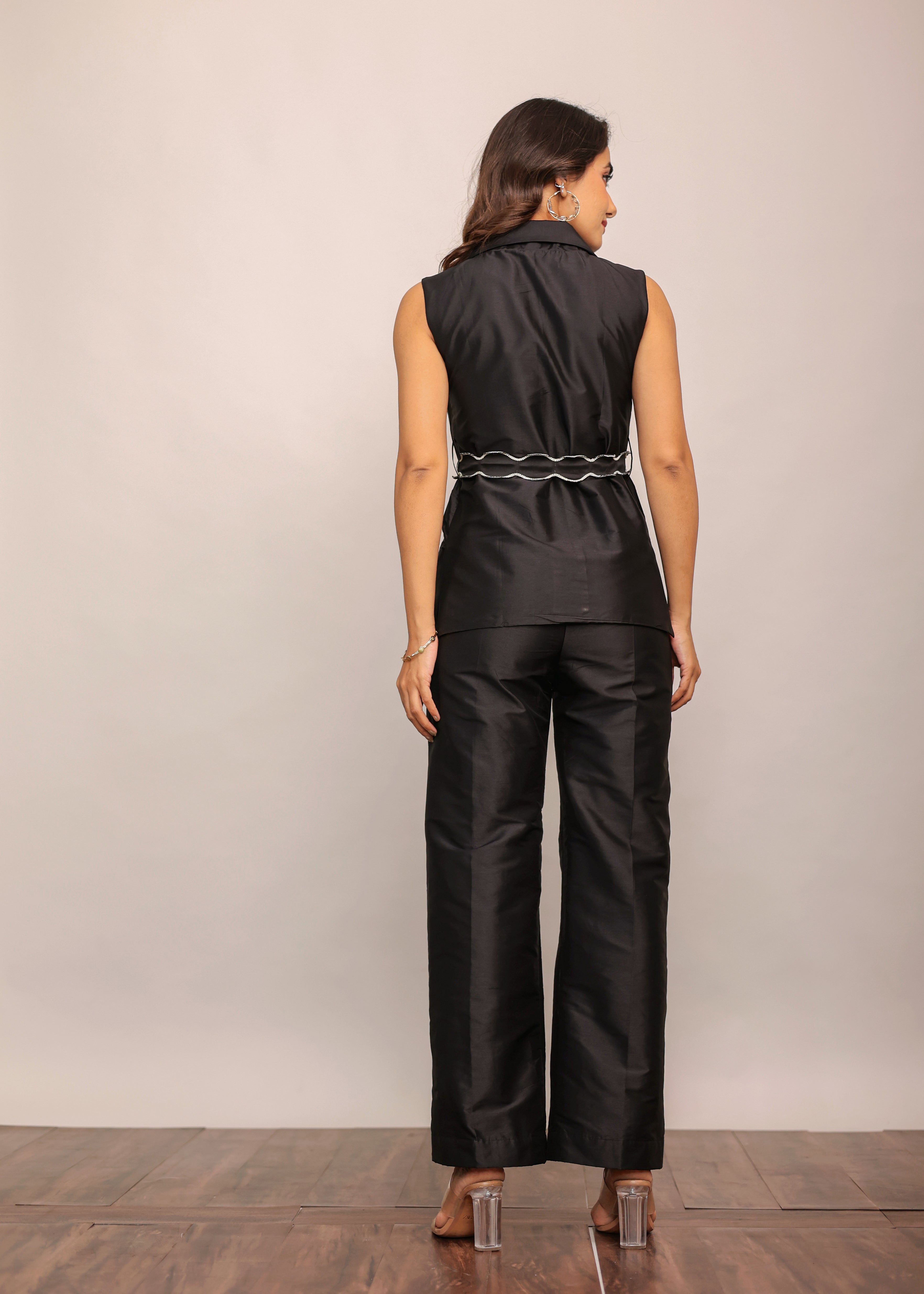 Black Solid Western Co-Ord Set Top and Pant With Waist Tie Up Belt - Kaoribyshreya