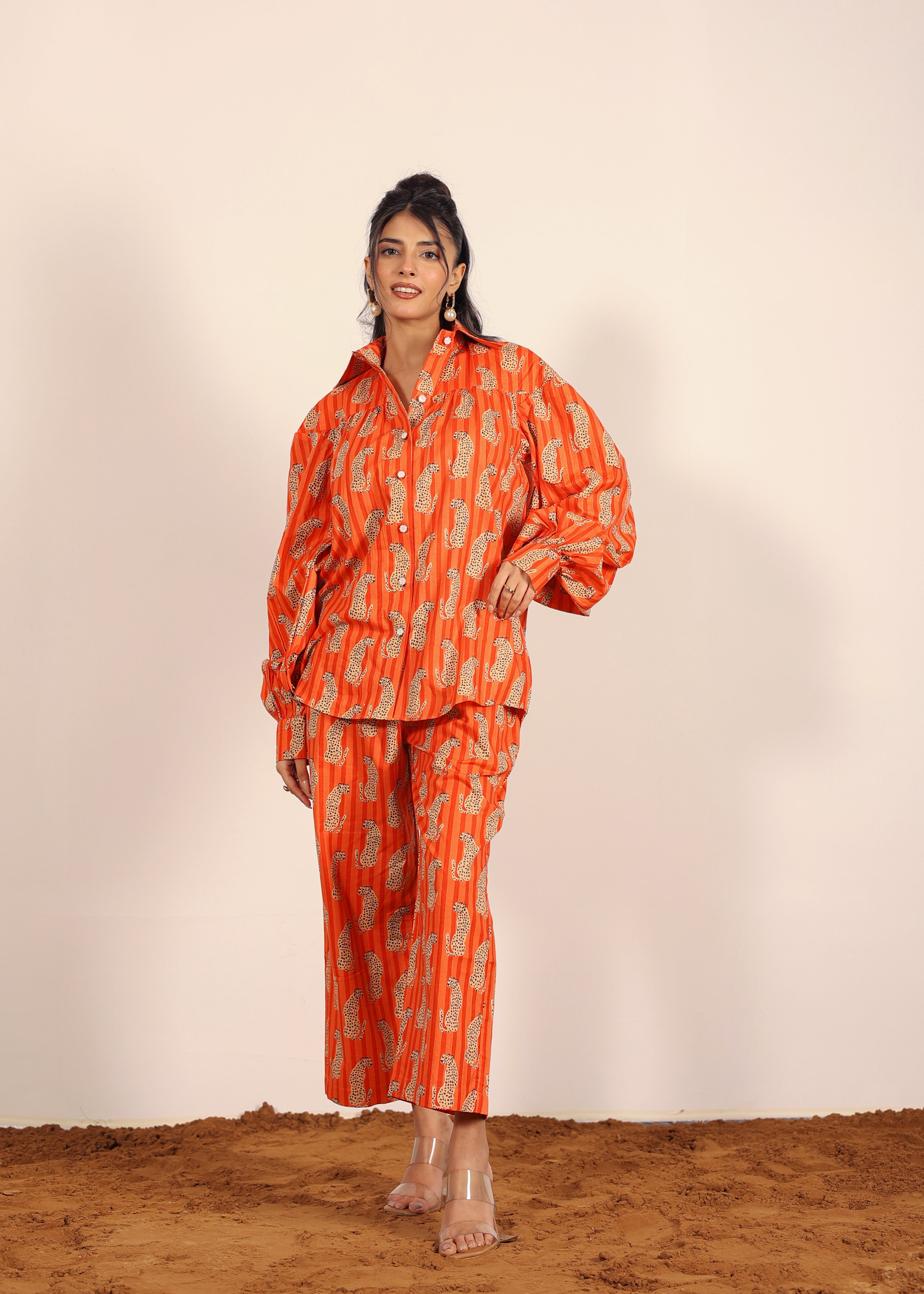 Orange and Multi 100% Cotton Printed Pants Full Elastic Waist Relaxed Trouser - Kaoribyshreya