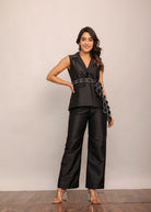 Black Solid Western Co-Ord Set Top and Pant With Waist Tie Up Belt - Kaoribyshreya