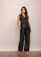 Black Solid Western Co-Ord Set Top and Pant With Waist Tie Up Belt - Kaoribyshreya