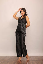 Black Solid Western Co-Ord Set Top and Pant With Waist Tie Up Belt - Kaoribyshreya