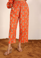 Orange and Multi 100% Cotton Printed Pants Full Elastic Waist Relaxed Trouser - Kaoribyshreya