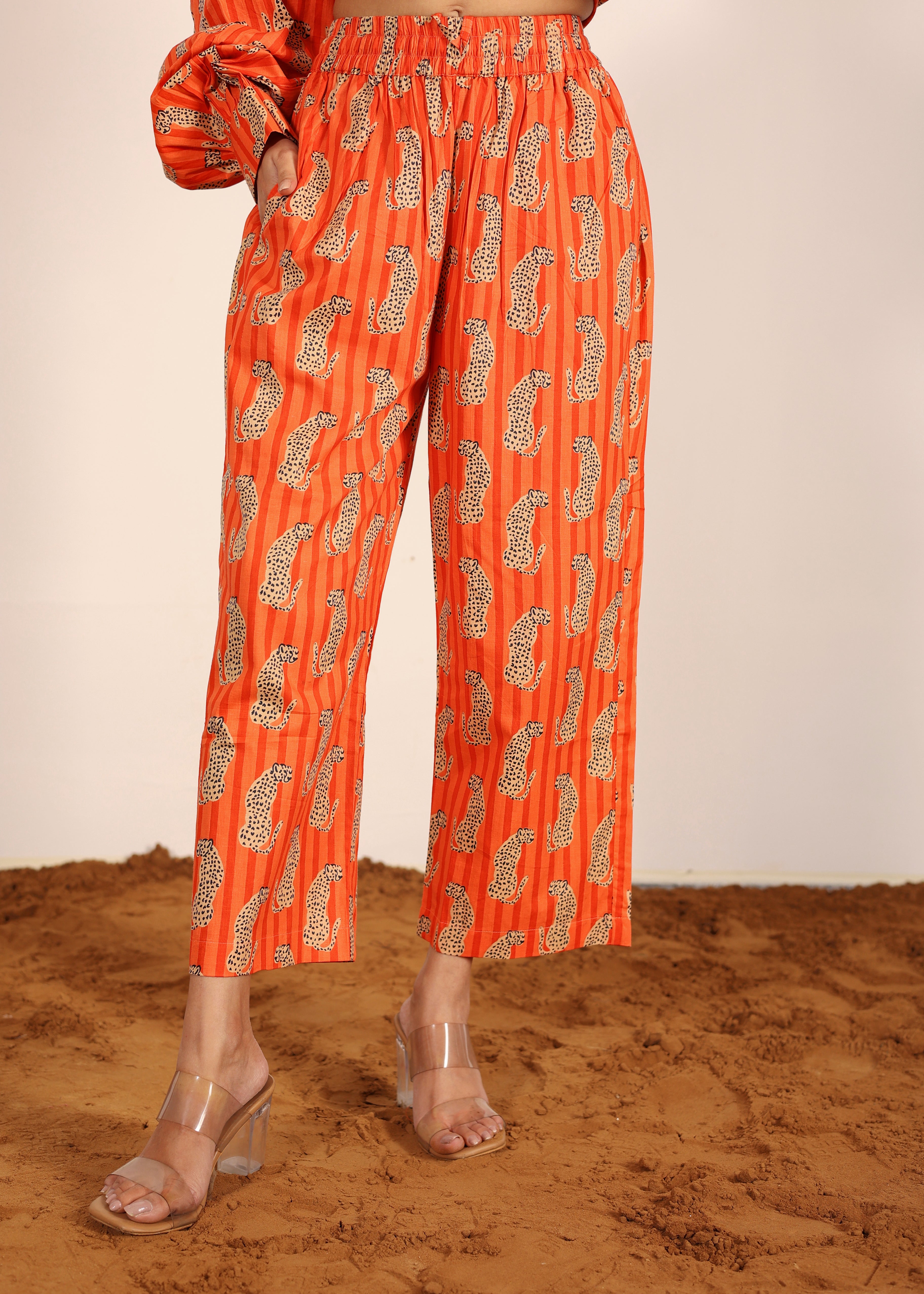 Orange and Multi 100% Cotton Printed Pants Full Elastic Waist Relaxed Trouser - Kaoribyshreya