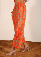 Orange and Multi 100% Cotton Printed Pants Full Elastic Waist Relaxed Trouser - Kaoribyshreya