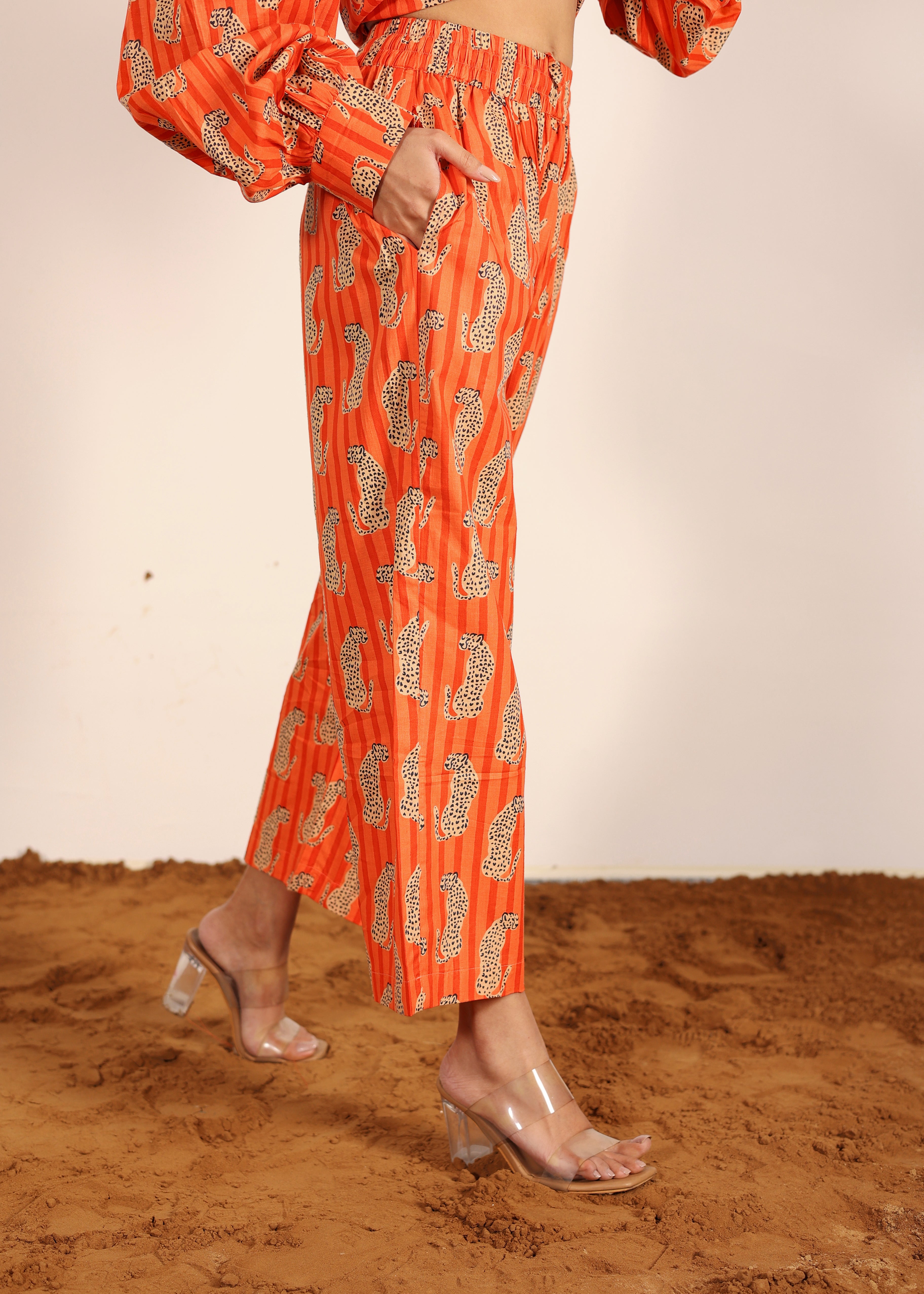 Orange and Multi 100% Cotton Printed Pants Full Elastic Waist Relaxed Trouser - Kaoribyshreya