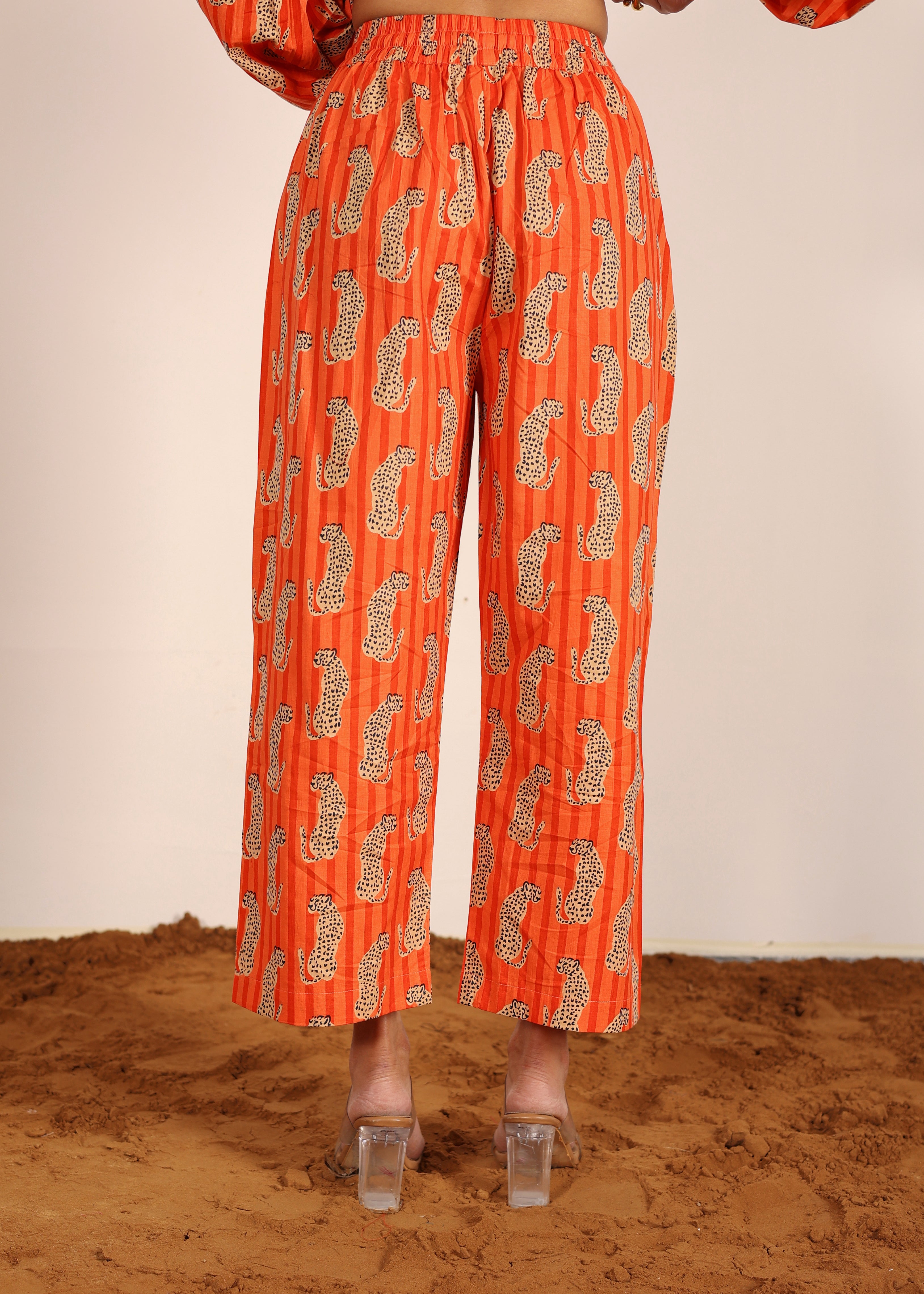Orange and Multi 100% Cotton Printed Pants Full Elastic Waist Relaxed Trouser - Kaoribyshreya