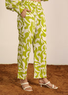 Green and White Cotton Linen Blend Geometric Pants Full Elastic Waist Trouser - Kaoribyshreya