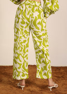 Green and White Cotton Linen Blend Geometric Pants Full Elastic Waist Trouser - Kaoribyshreya