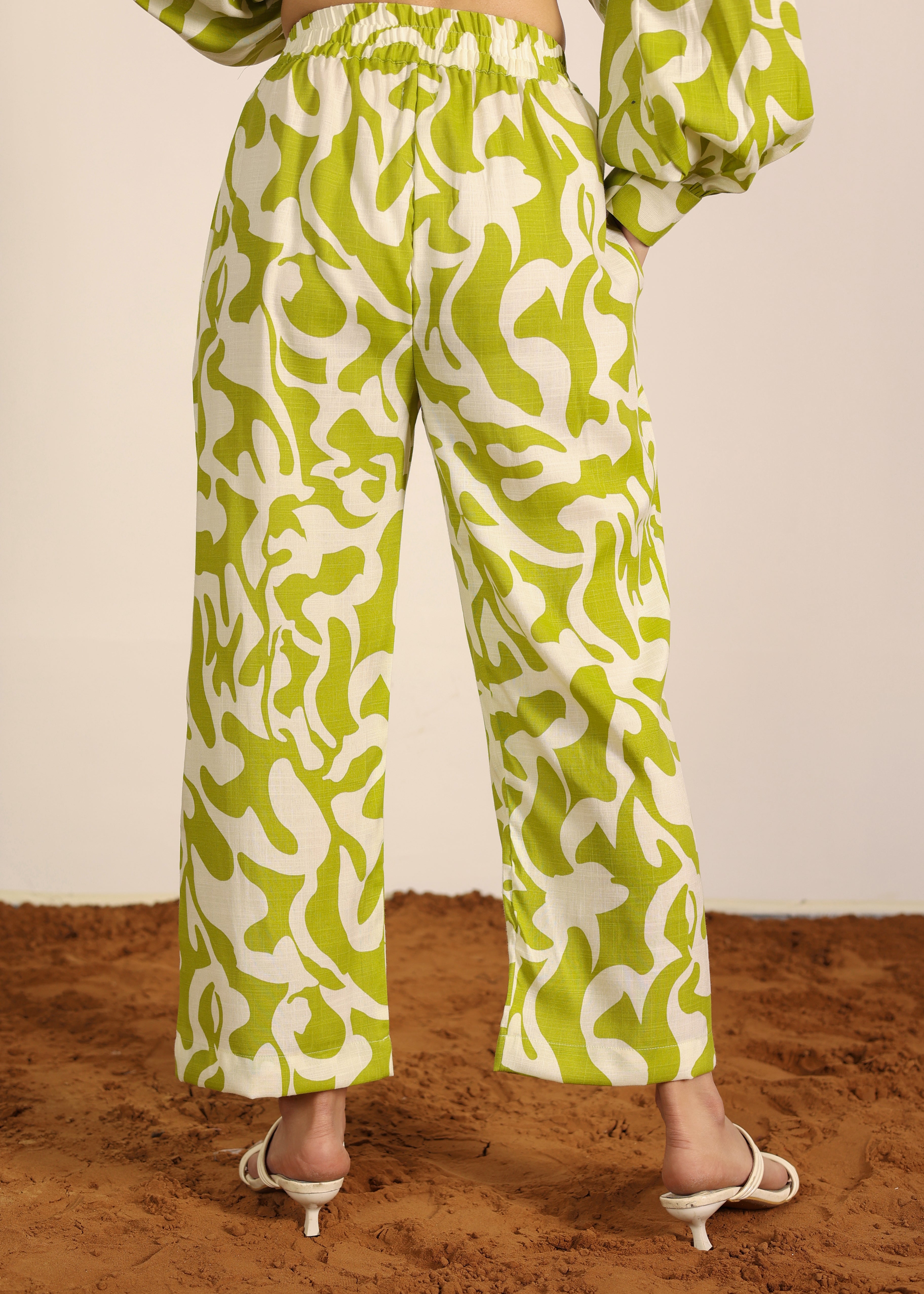 Green and White Cotton Linen Blend Geometric Pants Full Elastic Waist Trouser - Kaoribyshreya