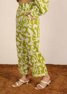 Green and White Cotton Linen Blend Geometric Pants Full Elastic Waist Trouser - Kaoribyshreya