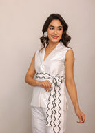 White Solid Relaxed Top with Waist Tie Up Belt and 2 Pockets - Kaoribyshreya