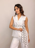 White Solid Relaxed Top with Waist Tie Up Belt and 2 Pockets - Kaoribyshreya