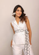 White Solid Relaxed Top with Waist Tie Up Belt and 2 Pockets - Kaoribyshreya