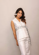White Solid Relaxed Top with Waist Tie Up Belt and 2 Pockets - Kaoribyshreya