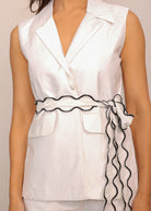 White Solid Relaxed Top with Waist Tie Up Belt and 2 Pockets - Kaoribyshreya