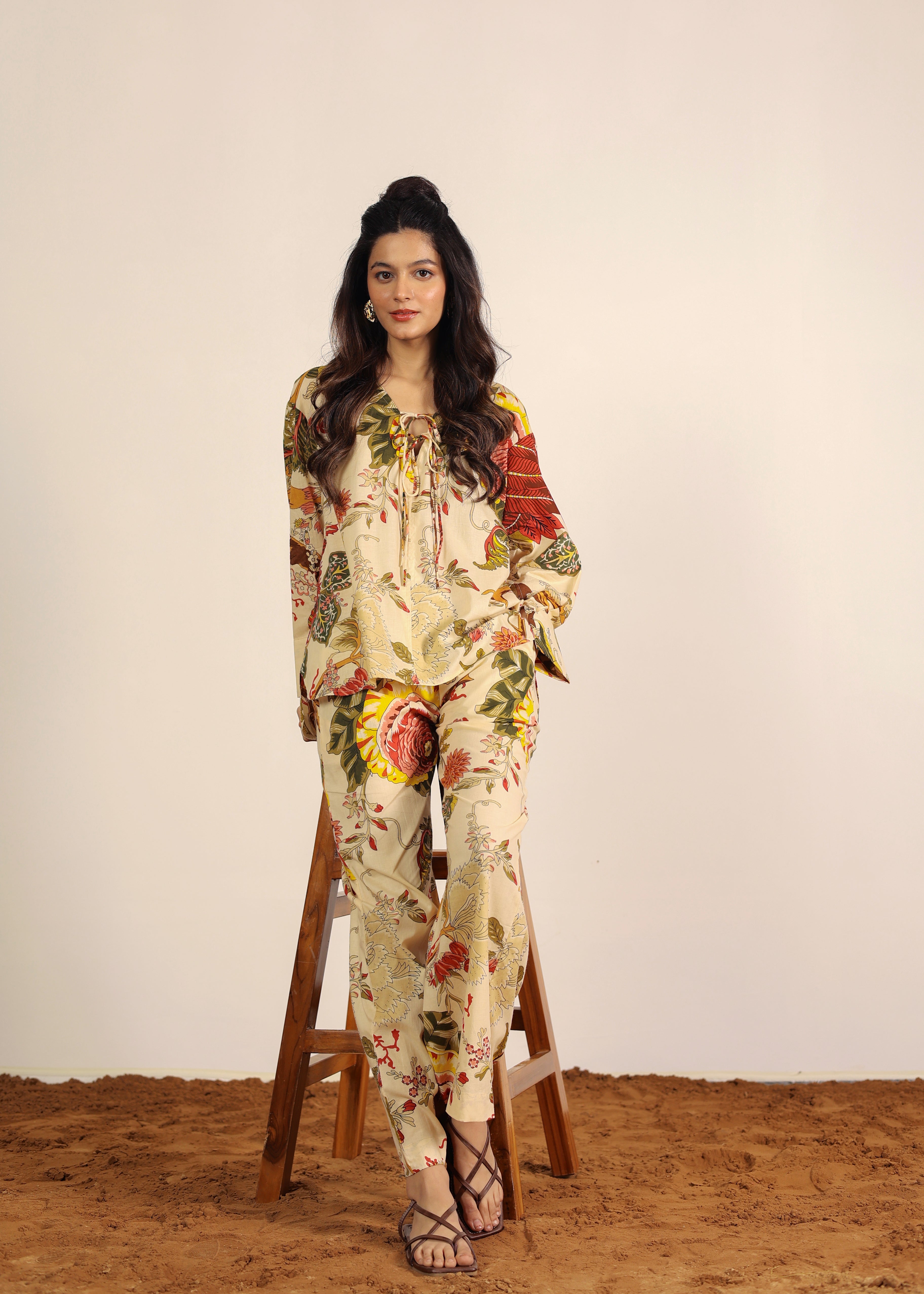 Beige and Multi 100% Cotton Geometric Pants Full Elastic Waist Relaxed Trouser - Kaoribyshreya