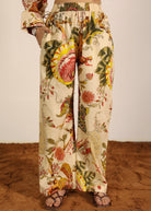 Beige and Multi 100% Cotton Geometric Pants Full Elastic Waist Relaxed Trouser - Kaoribyshreya