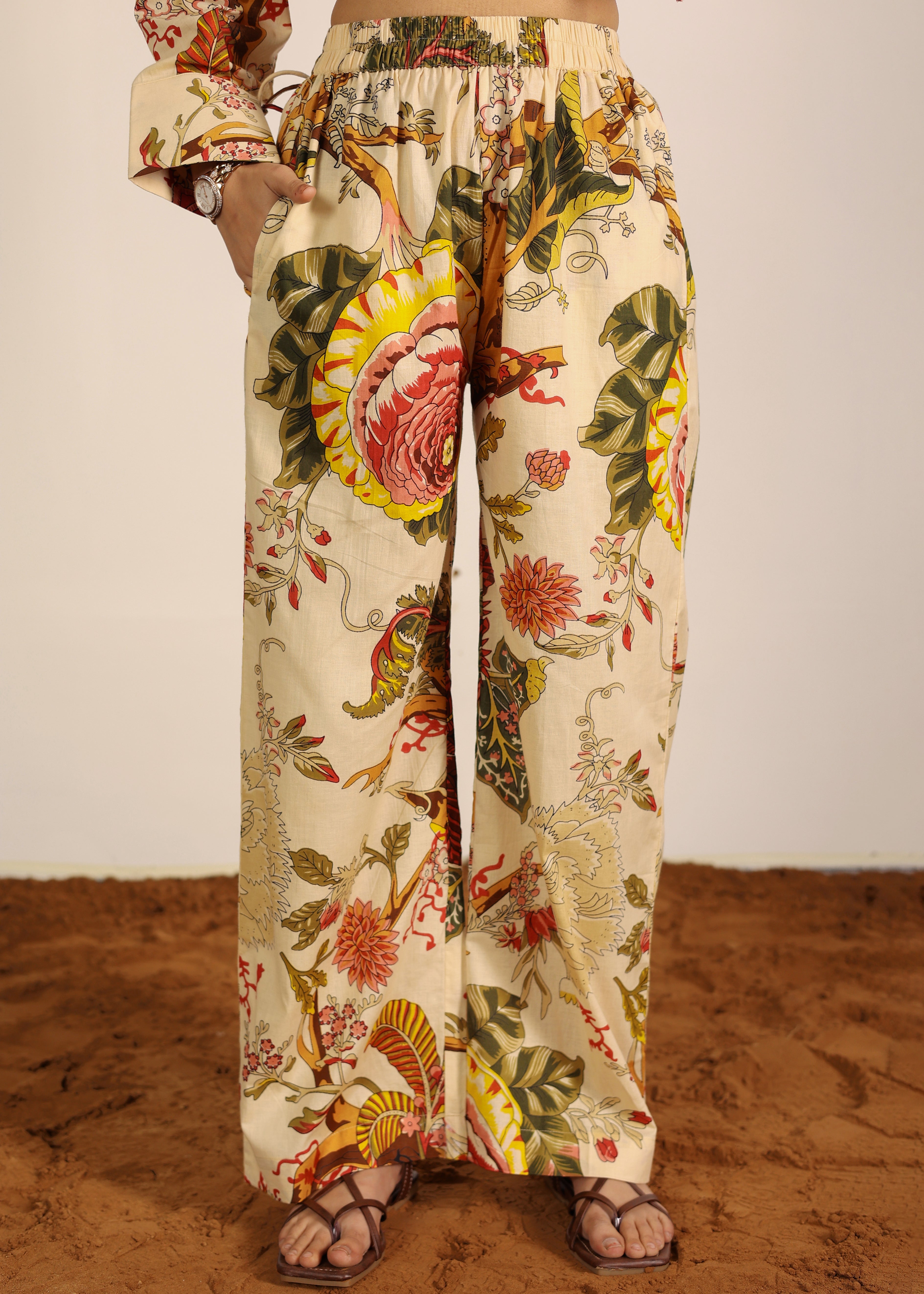 Beige and Multi 100% Cotton Geometric Pants Full Elastic Waist Relaxed Trouser - Kaoribyshreya