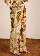 Beige and Multi 100% Cotton Geometric Pants Full Elastic Waist Relaxed Trouser - Kaoribyshreya