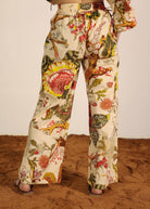 Beige and Multi 100% Cotton Geometric Pants Full Elastic Waist Relaxed Trouser - Kaoribyshreya