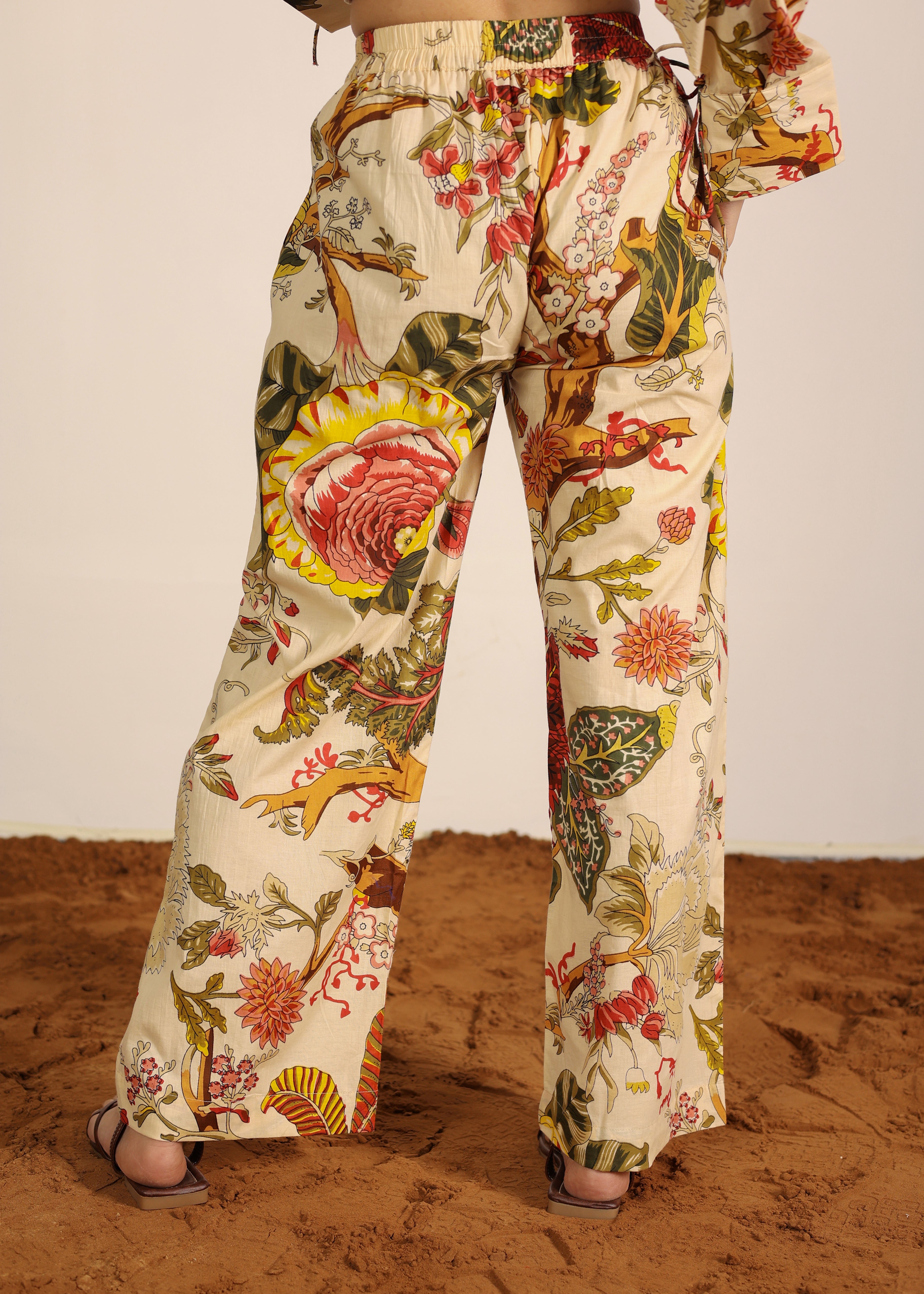 Beige and Multi 100% Cotton Geometric Pants Full Elastic Waist Relaxed Trouser - Kaoribyshreya