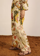 Beige and Multi 100% Cotton Geometric Pants Full Elastic Waist Relaxed Trouser - Kaoribyshreya