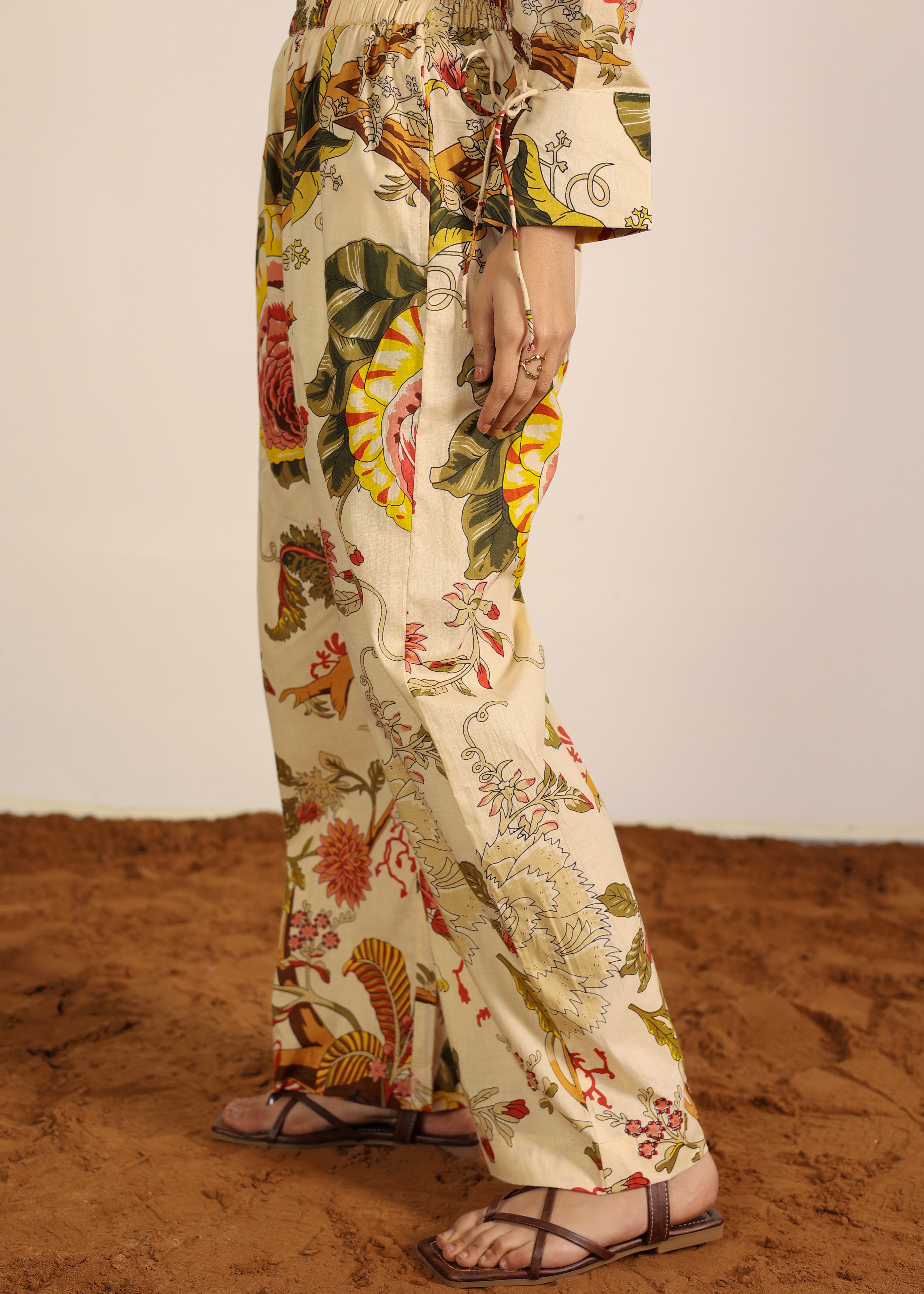 Beige and Multi 100% Cotton Geometric Pants Full Elastic Waist Relaxed Trouser - Kaoribyshreya