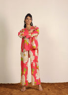 Pink and Multi Cotton Linen Blend Floral Pants Full Elastic Waist Relaxed Trouser - Kaoribyshreya