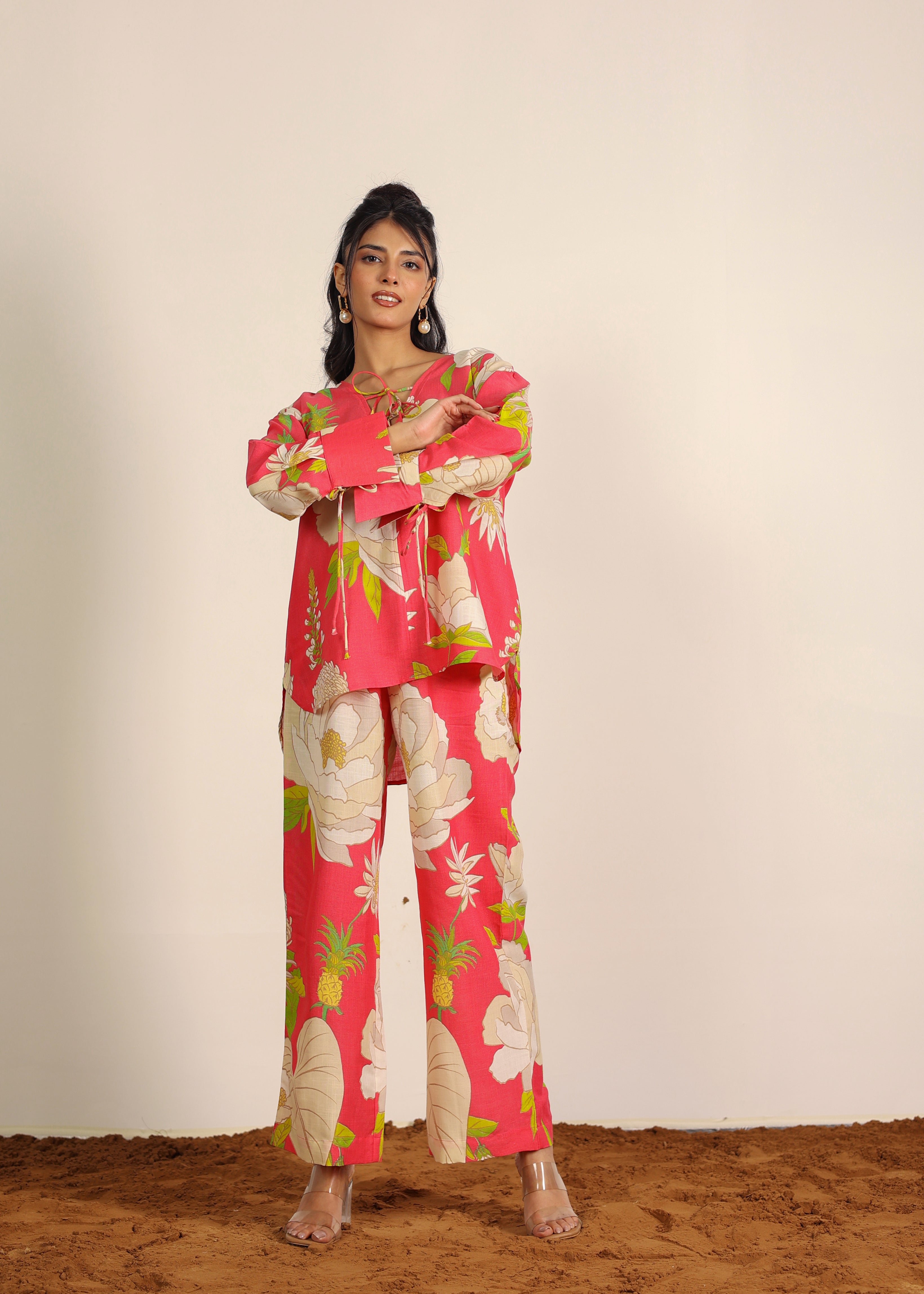 Pink and Multi Cotton Linen Blend Floral Pants Full Elastic Waist Relaxed Trouser - Kaoribyshreya