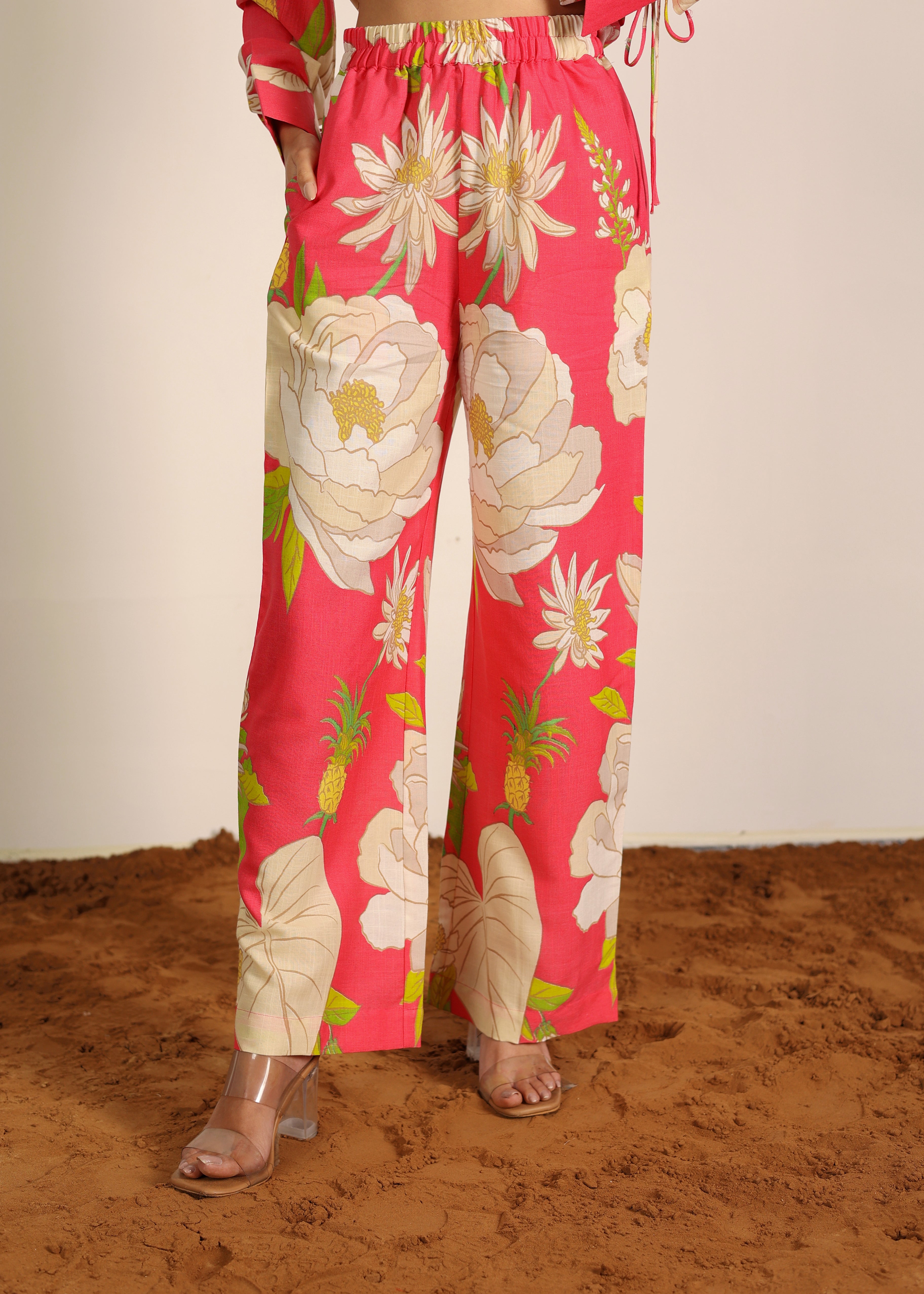Pink and Multi Cotton Linen Blend Floral Pants Full Elastic Waist Relaxed Trouser - Kaoribyshreya