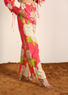 Pink and Multi Cotton Linen Blend Floral Pants Full Elastic Waist Relaxed Trouser - Kaoribyshreya