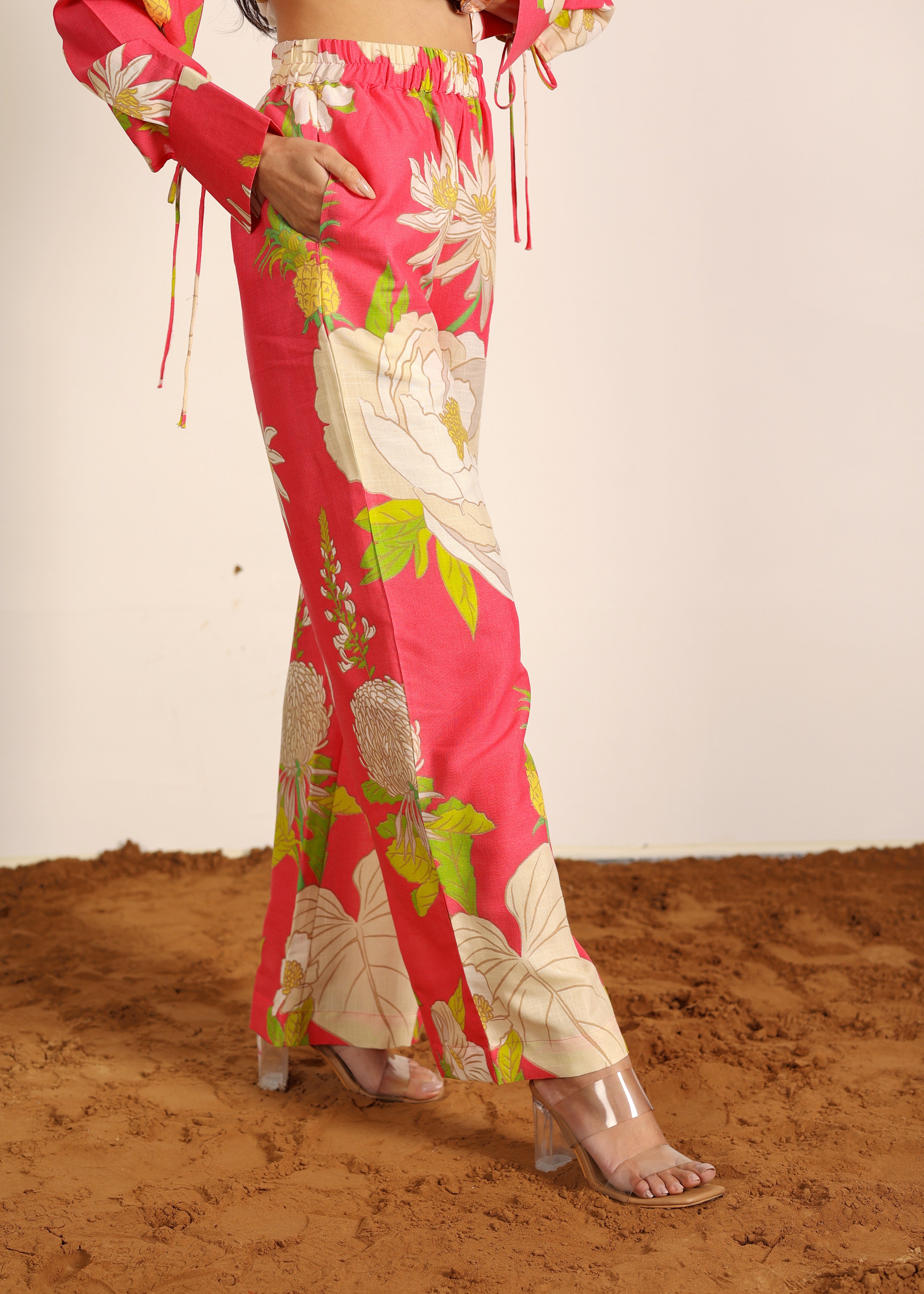 Pink and Multi Cotton Linen Blend Floral Pants Full Elastic Waist Relaxed Trouser - Kaoribyshreya