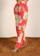 Pink and Multi Cotton Linen Blend Floral Pants Full Elastic Waist Relaxed Trouser - Kaoribyshreya