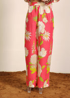 Pink and Multi Cotton Linen Blend Floral Pants Full Elastic Waist Relaxed Trouser - Kaoribyshreya