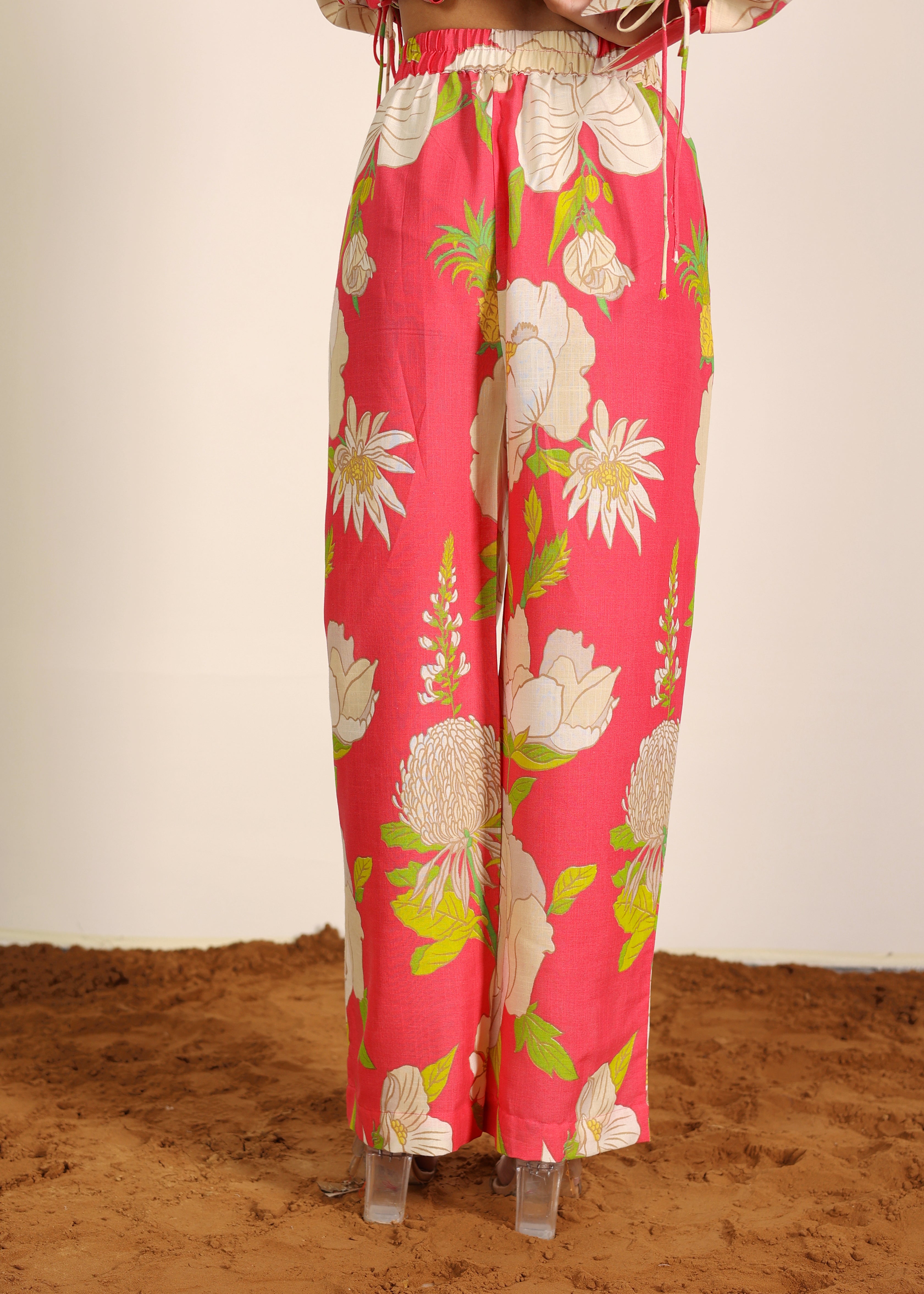 Pink and Multi Cotton Linen Blend Floral Pants Full Elastic Waist Relaxed Trouser - Kaoribyshreya