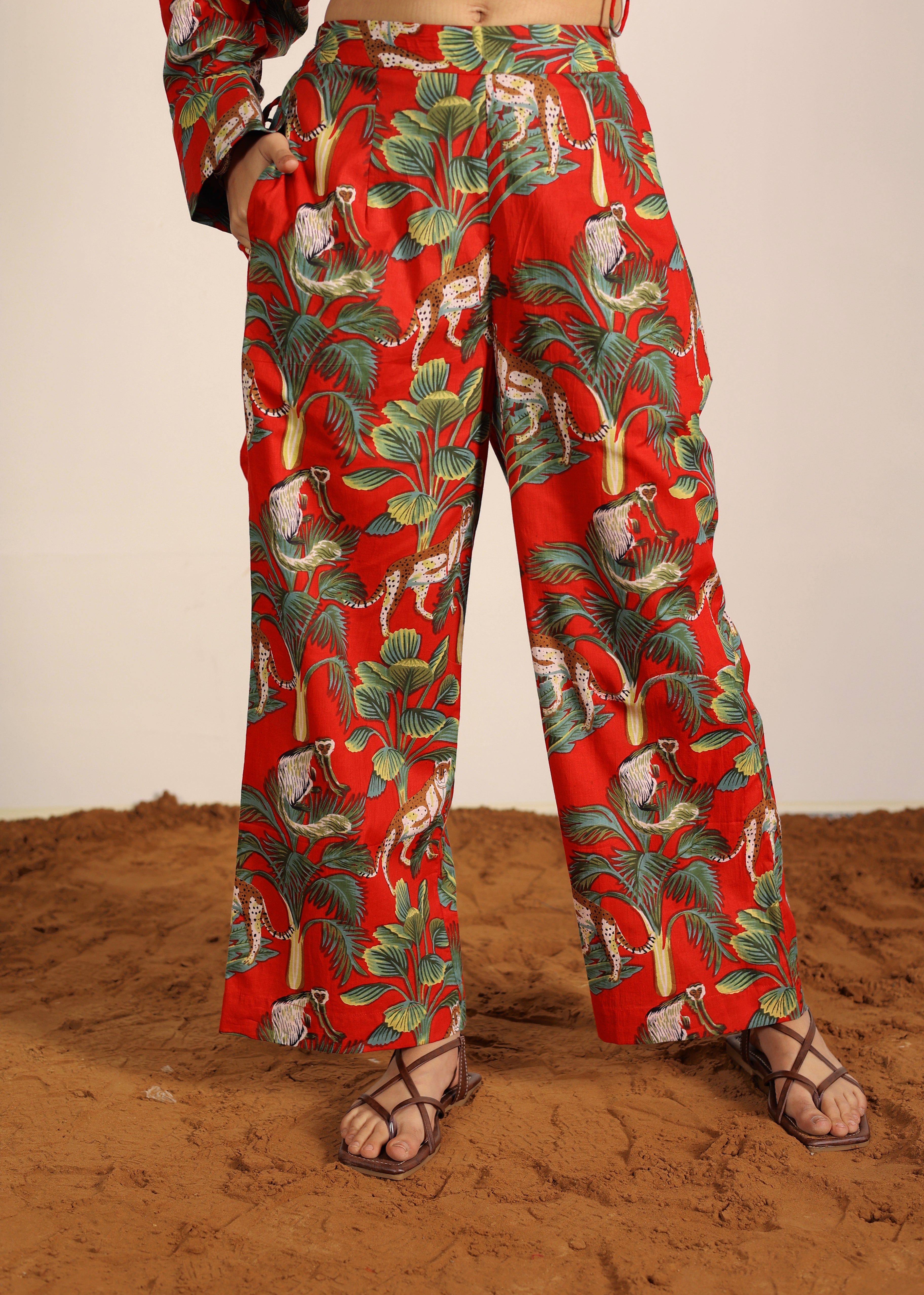 Red and Multi Cotton Tropical Summer Print Pants Full Elastic Waist Relaxed Trouser - Kaoribyshreya