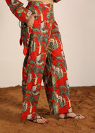 Red and Multi Cotton Tropical Summer Print Pants Full Elastic Waist Relaxed Trouser - Kaoribyshreya