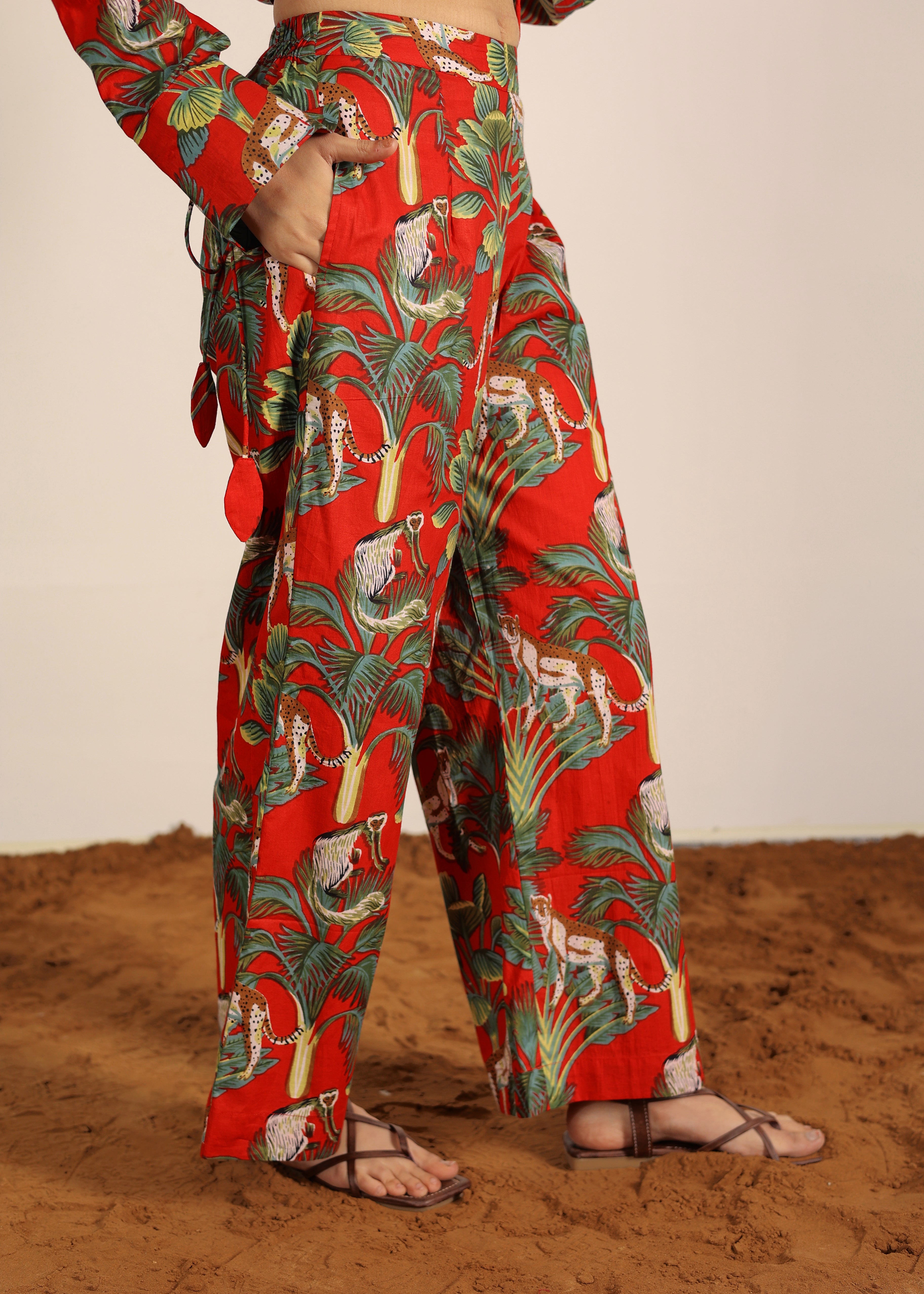 Red and Multi Cotton Tropical Summer Print Pants Full Elastic Waist Relaxed Trouser - Kaoribyshreya