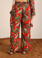 Red and Multi Cotton Tropical Summer Print Pants Full Elastic Waist Relaxed Trouser - Kaoribyshreya