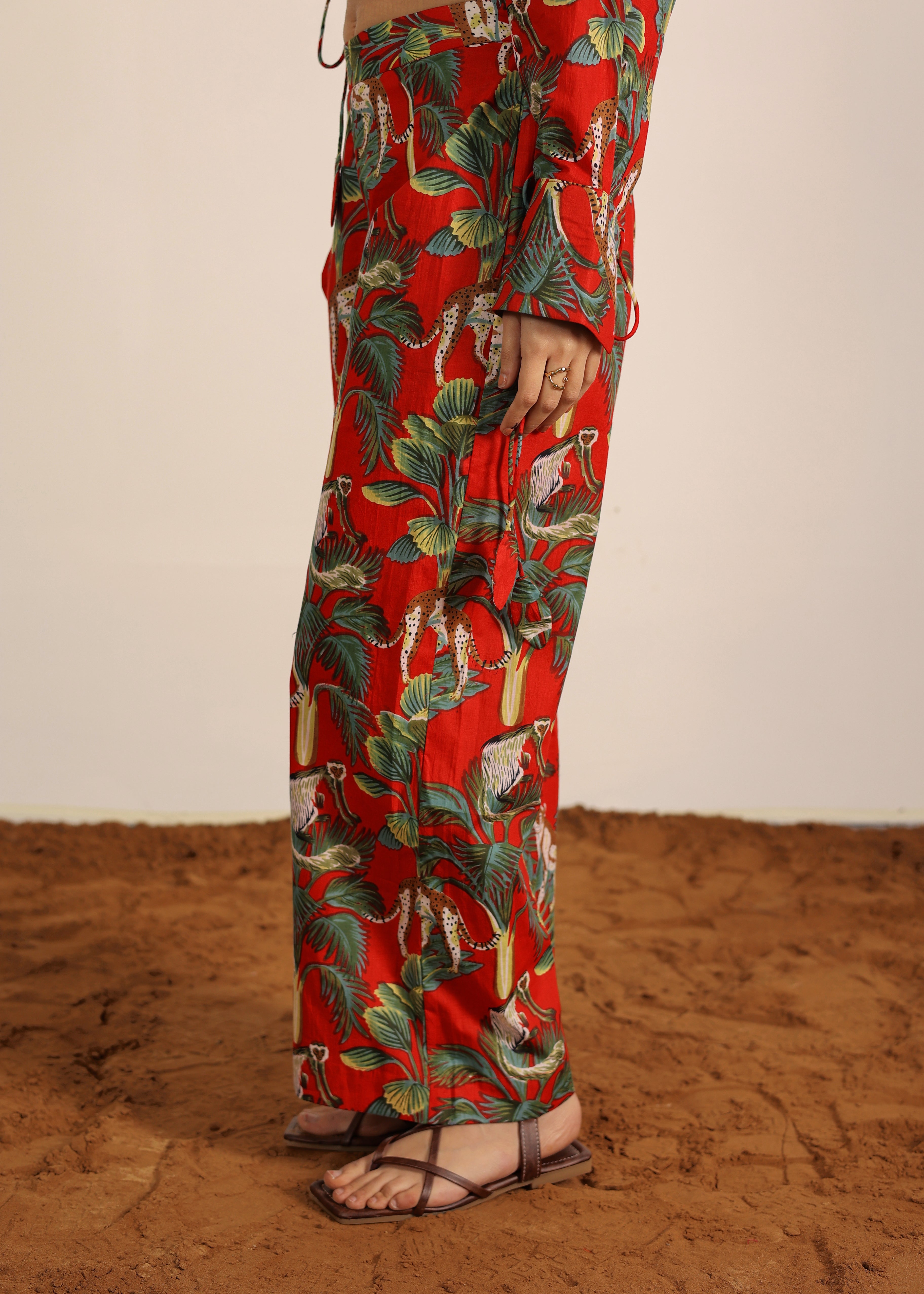 Red and Multi Cotton Tropical Summer Print Pants Full Elastic Waist Relaxed Trouser - Kaoribyshreya
