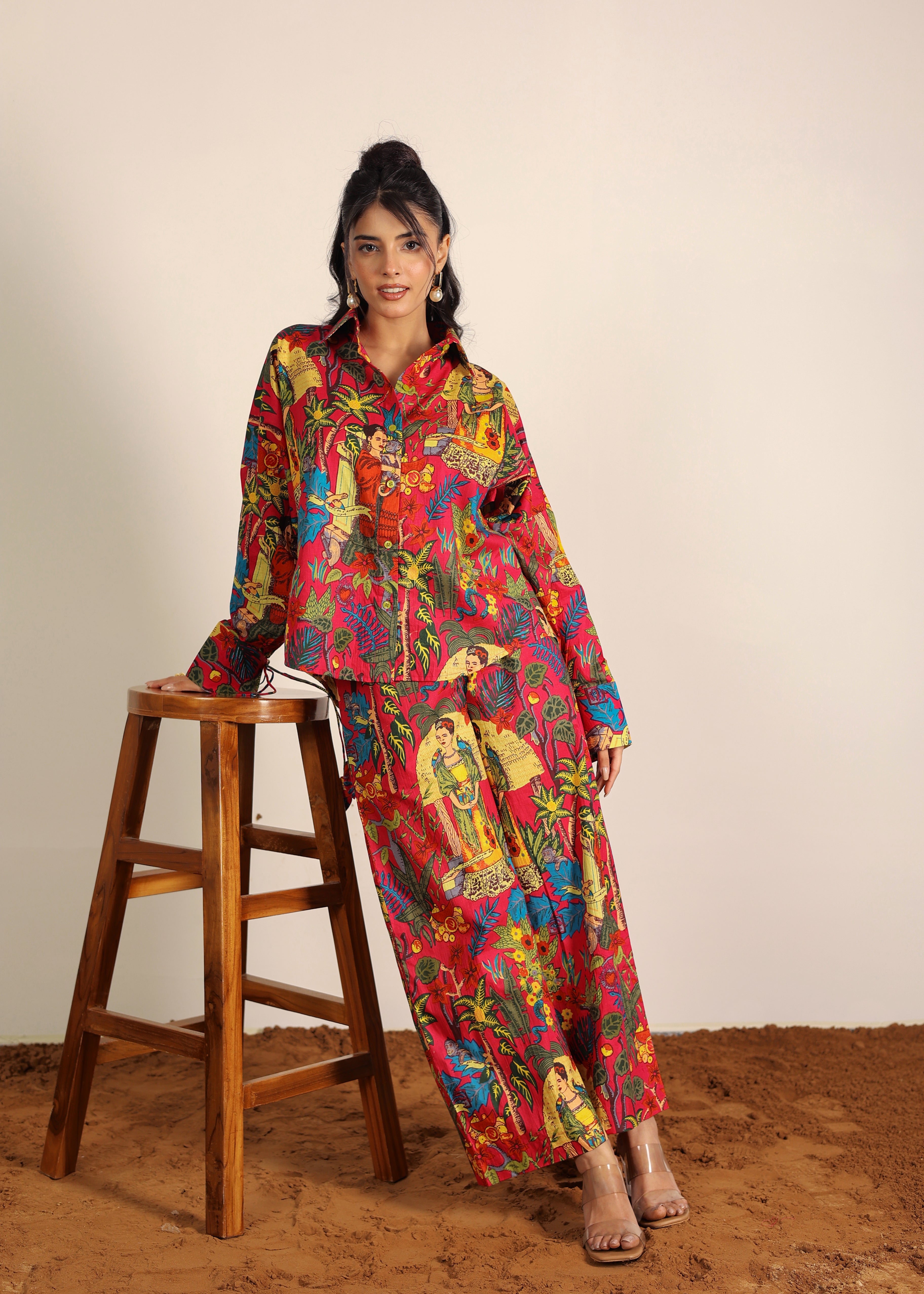 Red and Multi Tropical Summer Print Cotton Printed Pants Full Elastic Waist Relaxed Trouser - Kaoribyshreya
