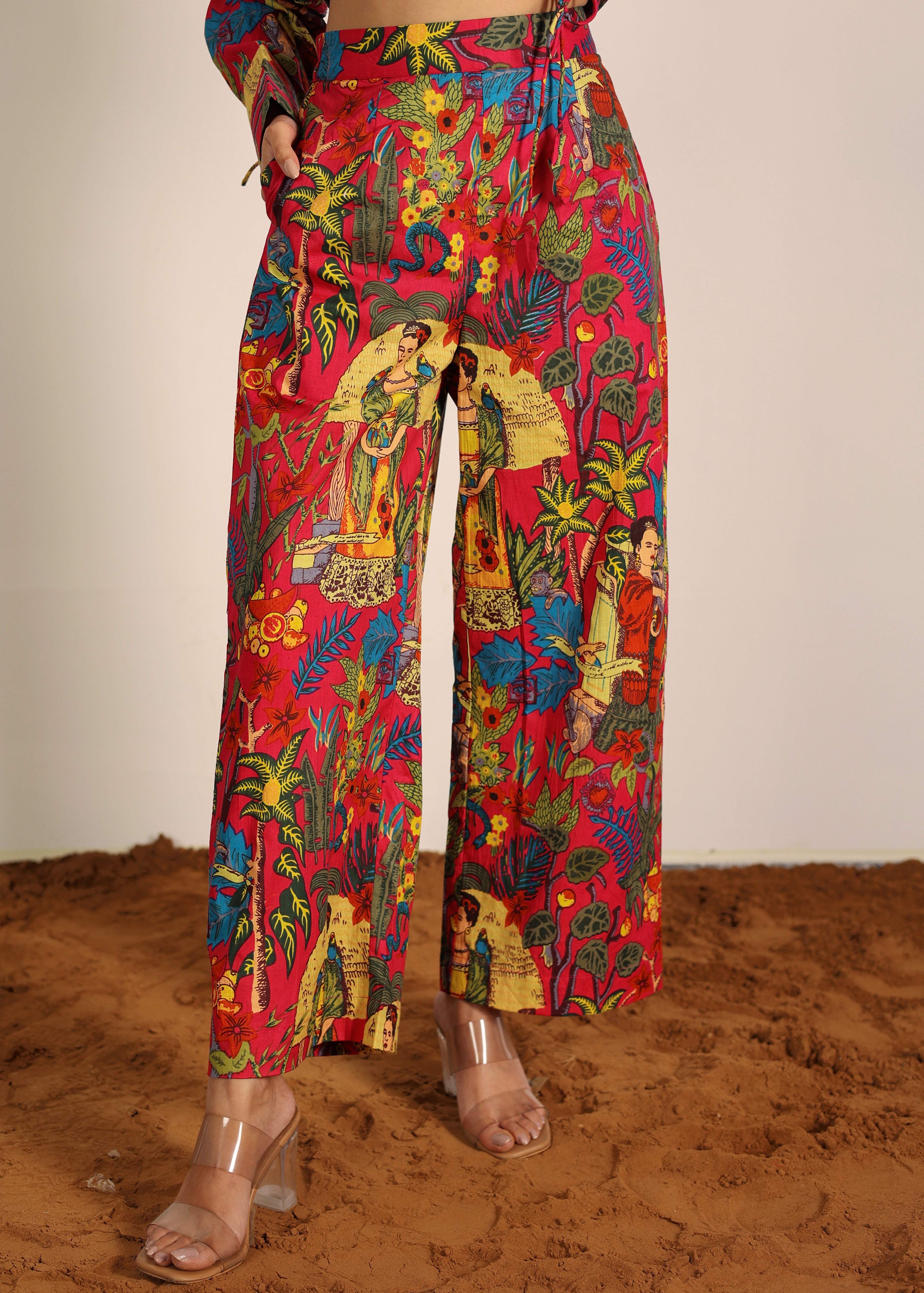 Red and Multi Tropical Summer Print Cotton Printed Pants Full Elastic Waist Relaxed Trouser - Kaoribyshreya