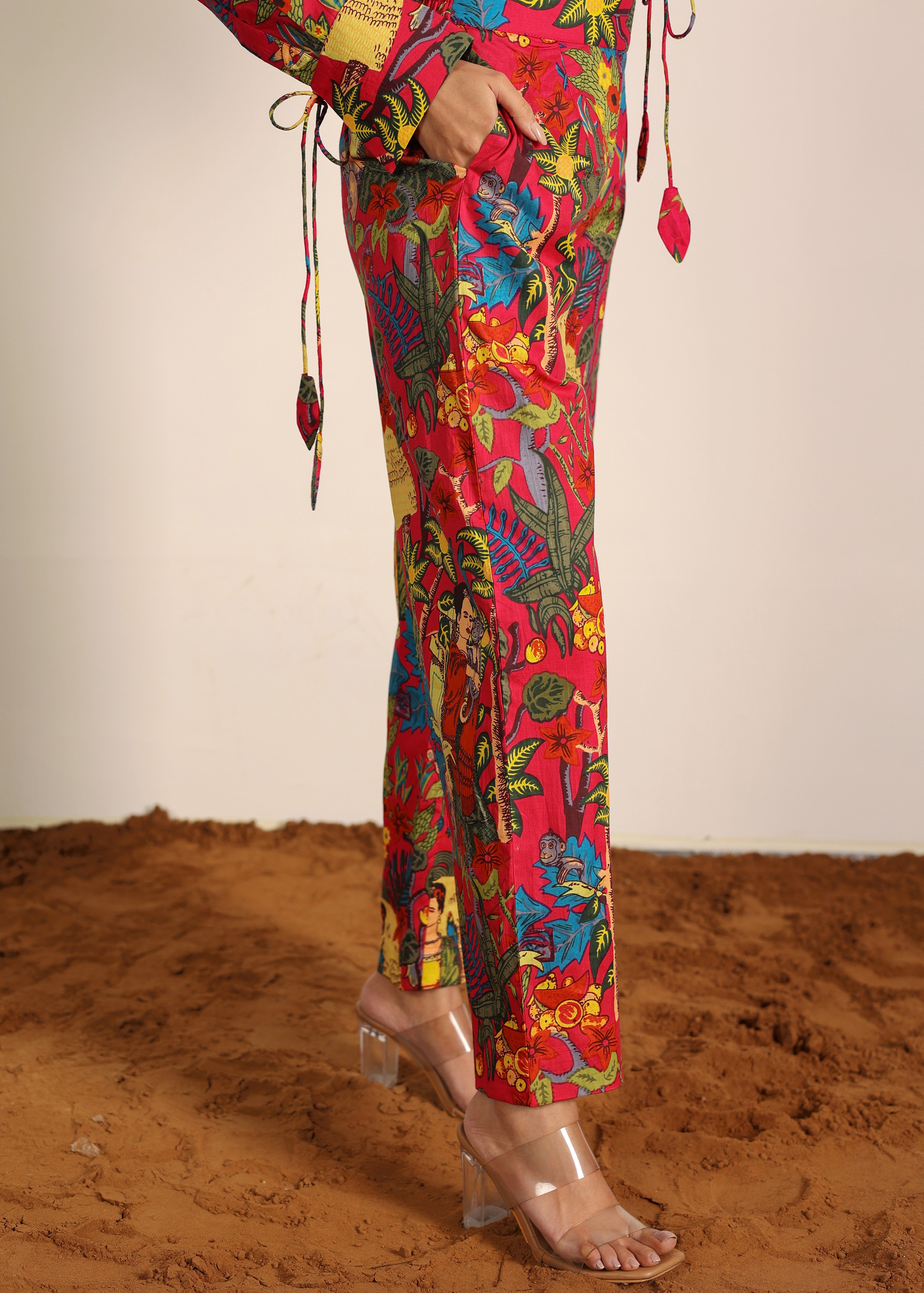 Red and Multi Tropical Summer Print Cotton Printed Pants Full Elastic Waist Relaxed Trouser - Kaoribyshreya