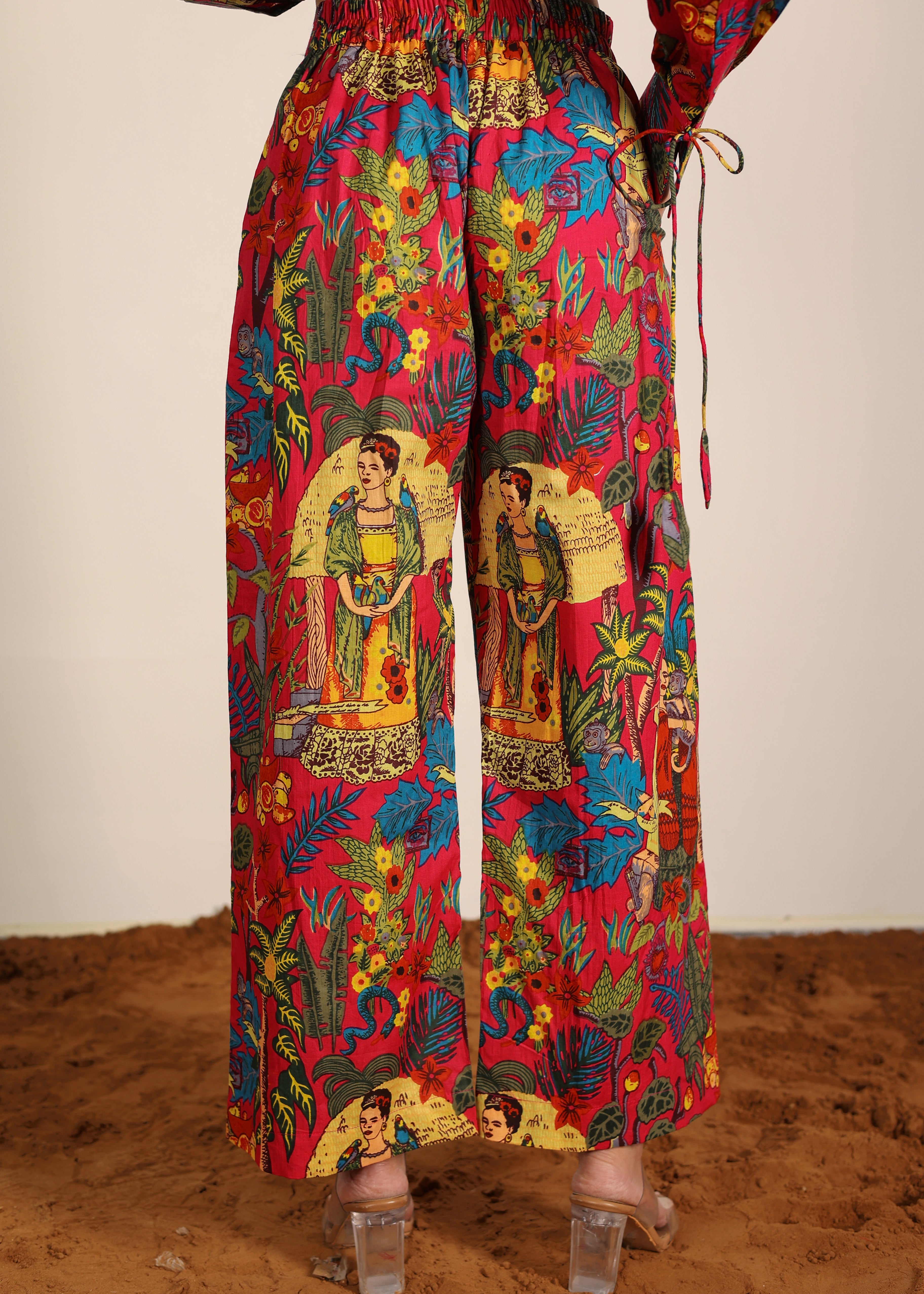 Red and Multi Tropical Summer Print Cotton Printed Pants Full Elastic Waist Relaxed Trouser - Kaoribyshreya