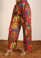 Red and Multi Tropical Summer Print Cotton Printed Pants Full Elastic Waist Relaxed Trouser - Kaoribyshreya