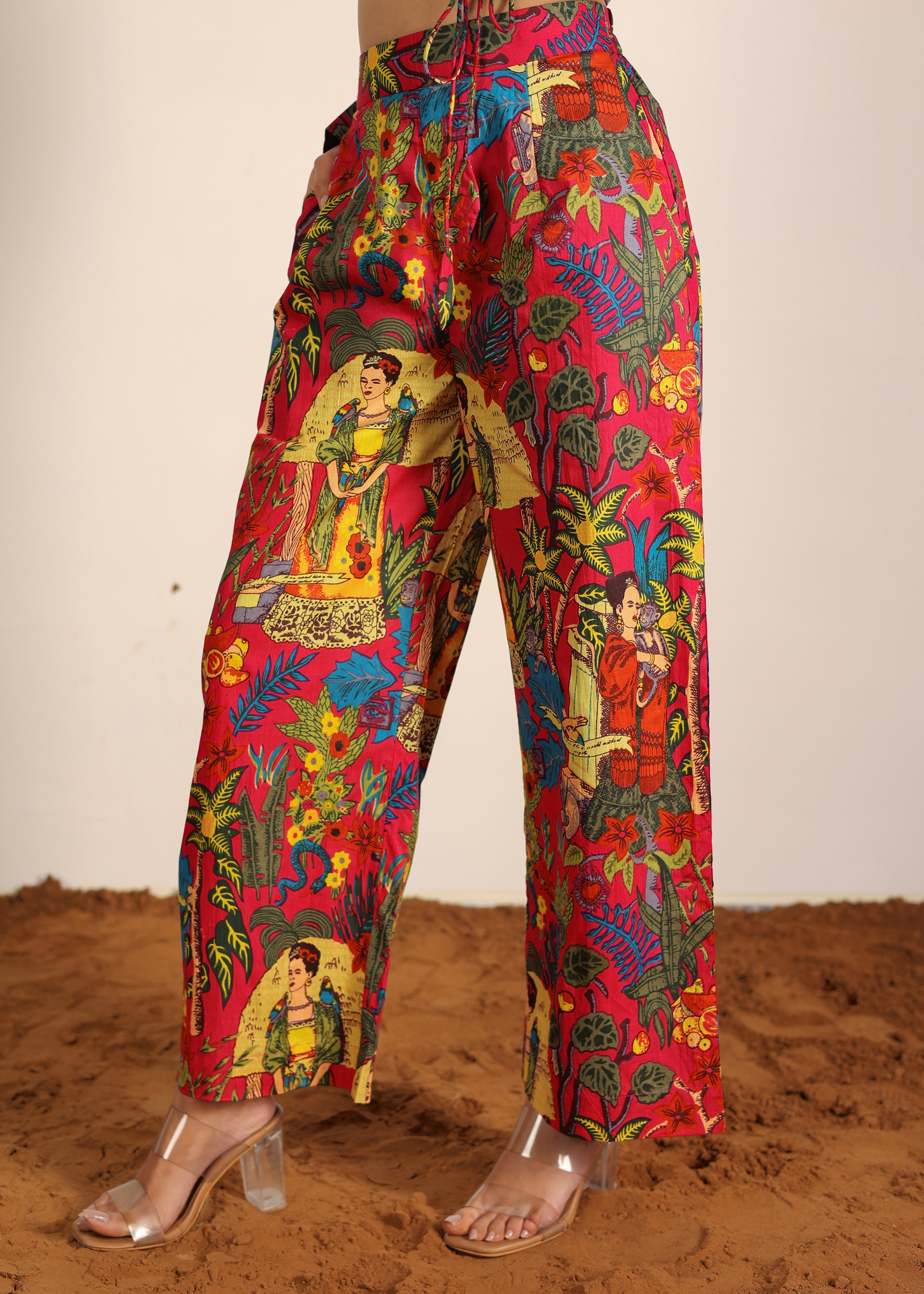 Red and Multi Tropical Summer Print Cotton Printed Pants Full Elastic Waist Relaxed Trouser - Kaoribyshreya